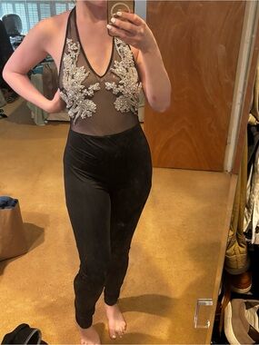 Black Embellished Mesh Halter Jumpsuit